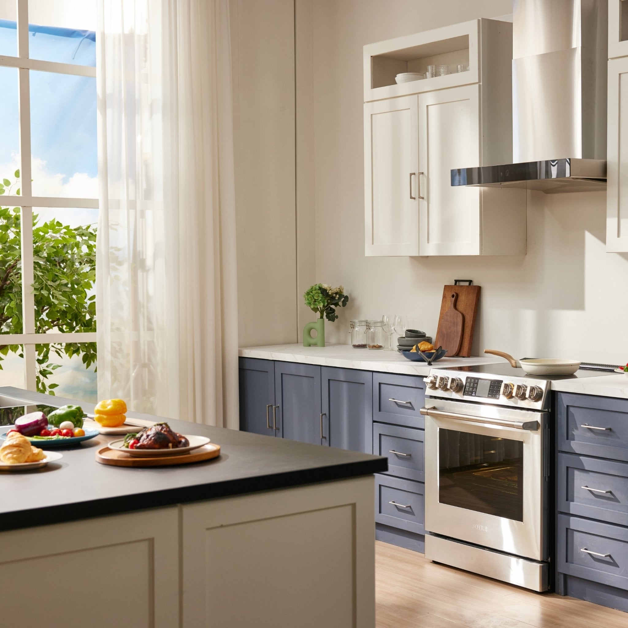 Stainless steel electric slide-in range with black cooktop and closed oven door