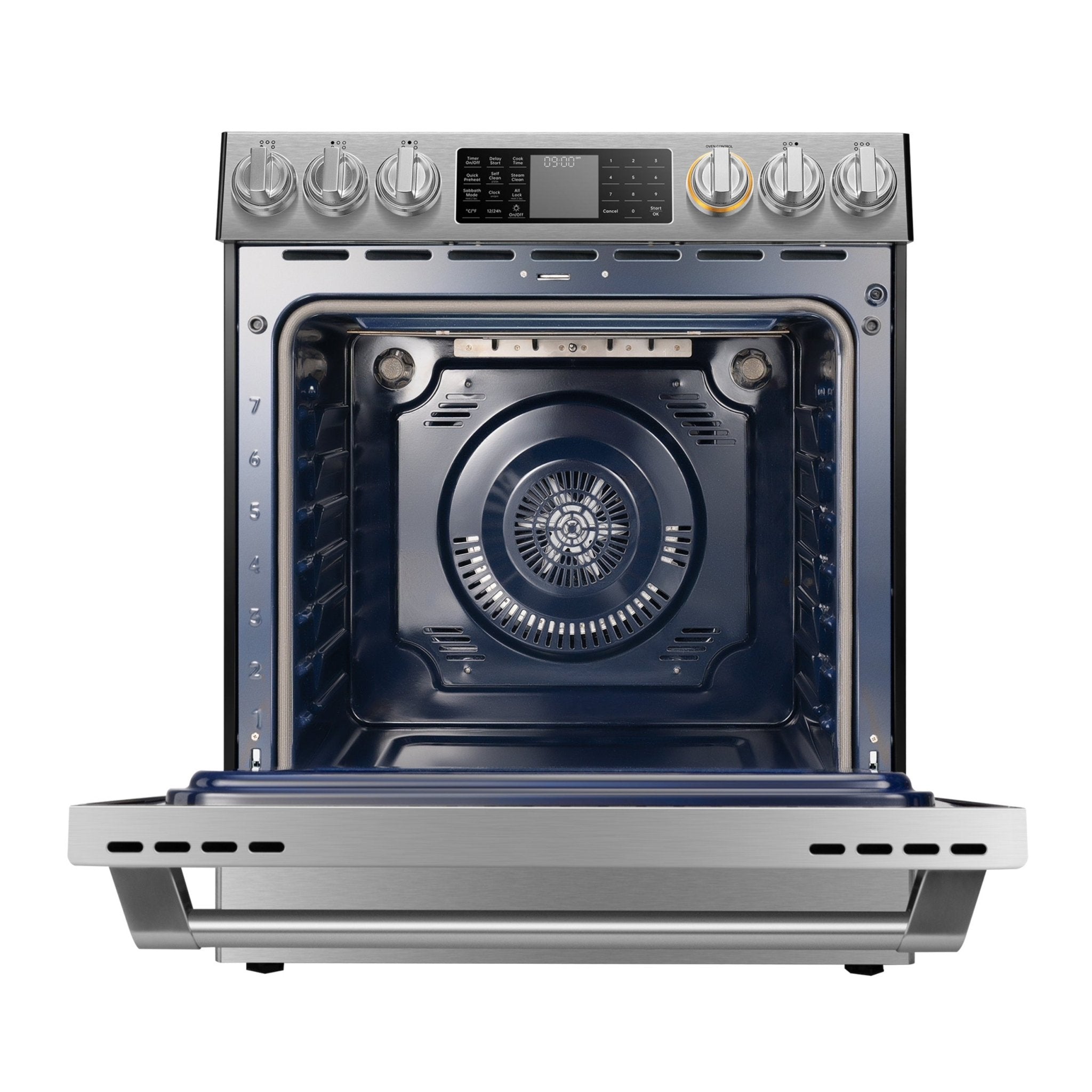 Slide-in electric oven cavity with round convection fan and stainless door trim