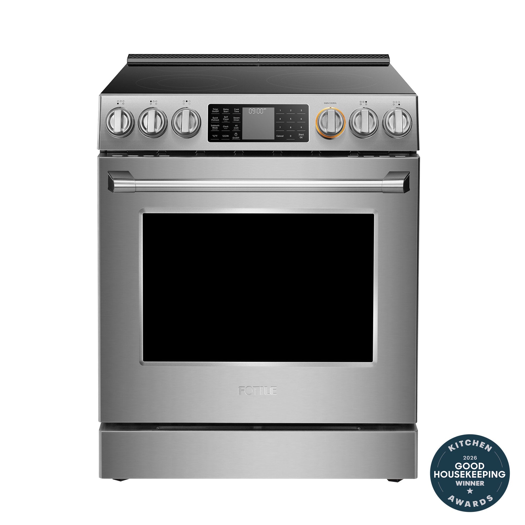Stainless steel slide-in electric range with glass oven door and knob controls