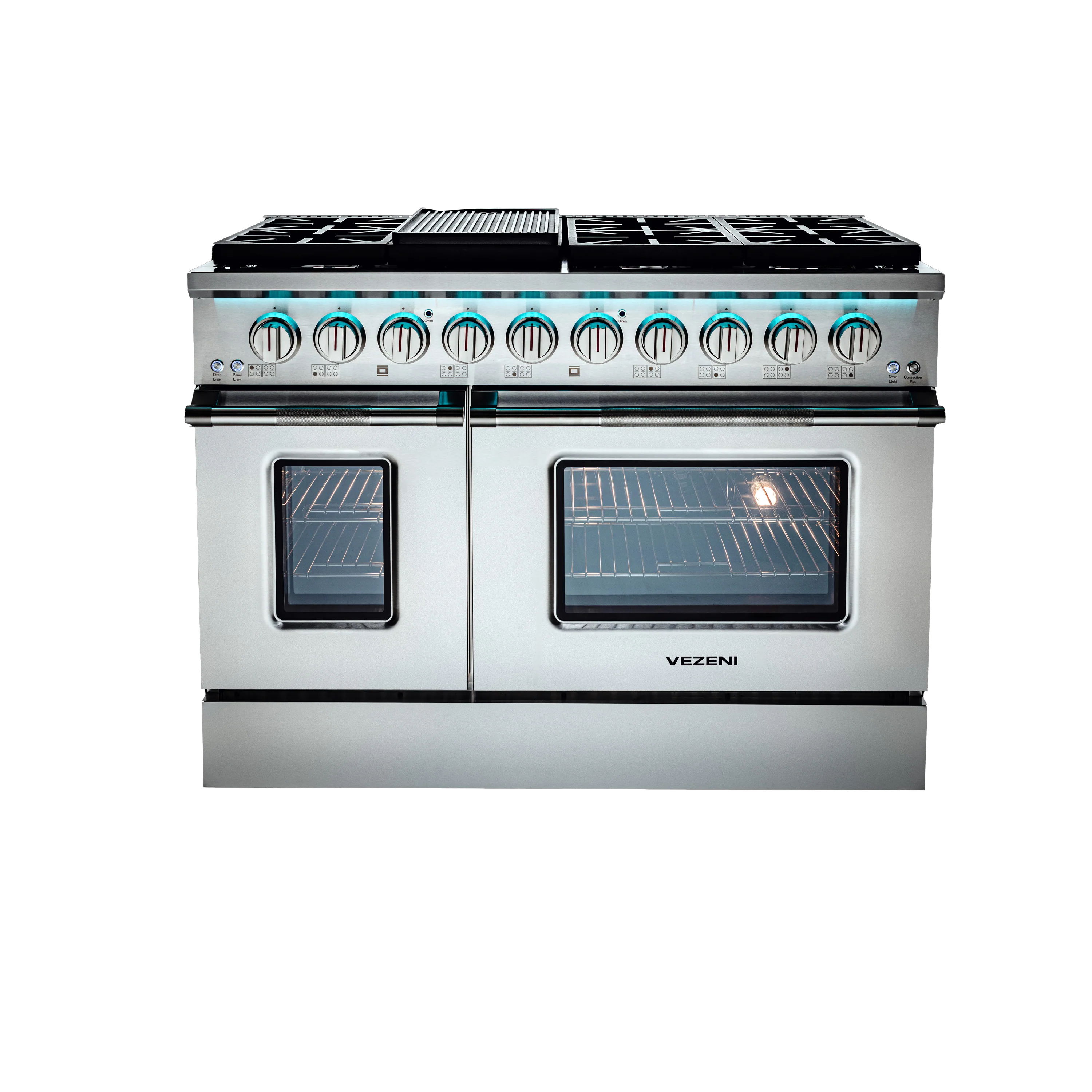 Stainless steel gas range with blue control knobs and two glass oven doors
