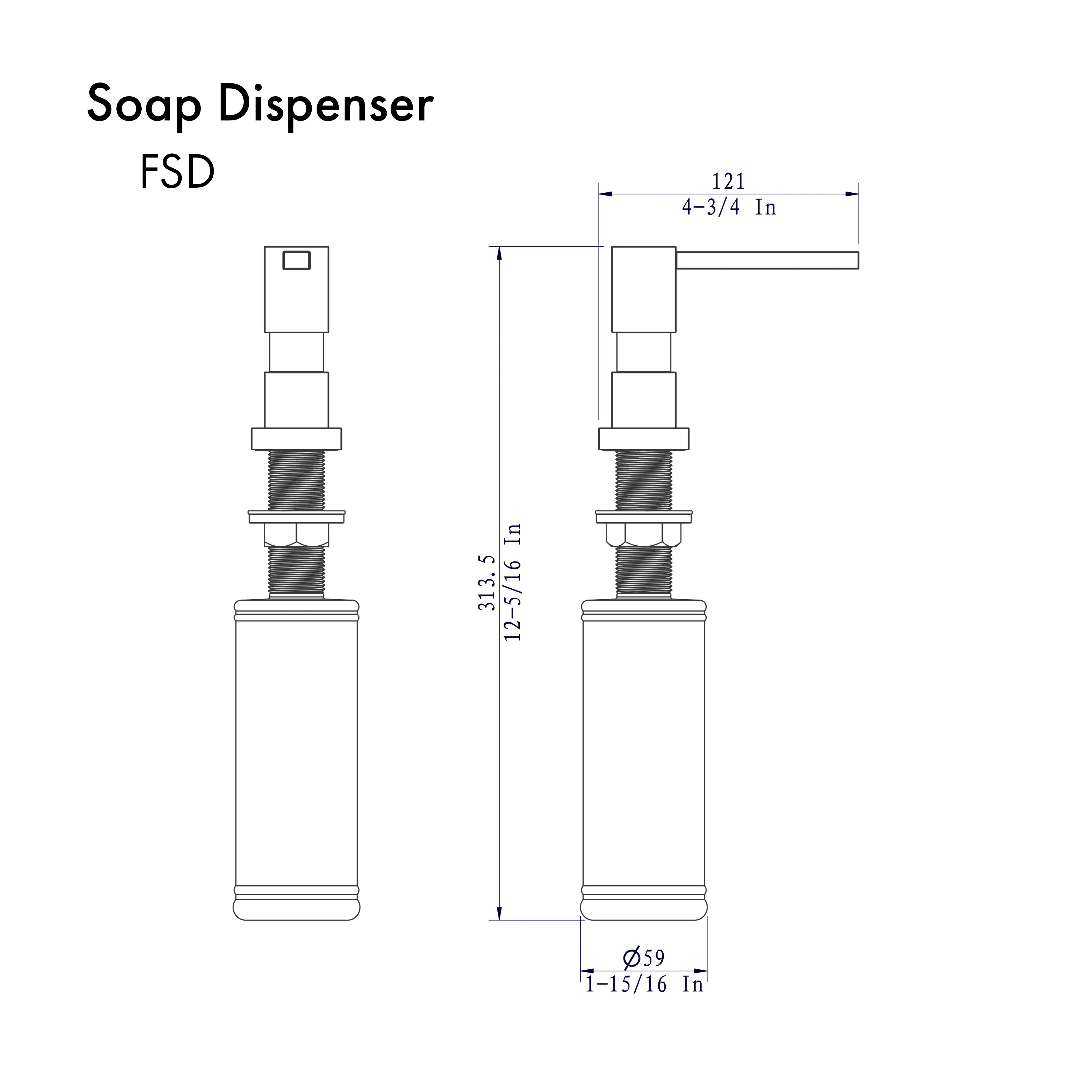 Soap dispenser parts diagram with brushed nickel pump and white bottle, dimensions shown