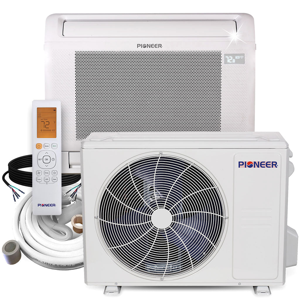 White indoor mini-split unit with vent grille, LCD display, and remote controller