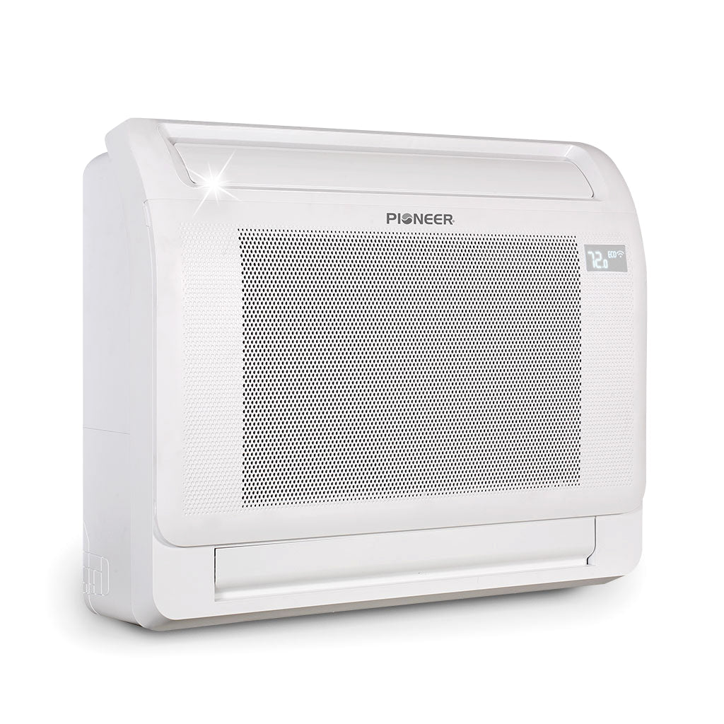 White indoor mini-split air conditioner with front vent grille and display panel