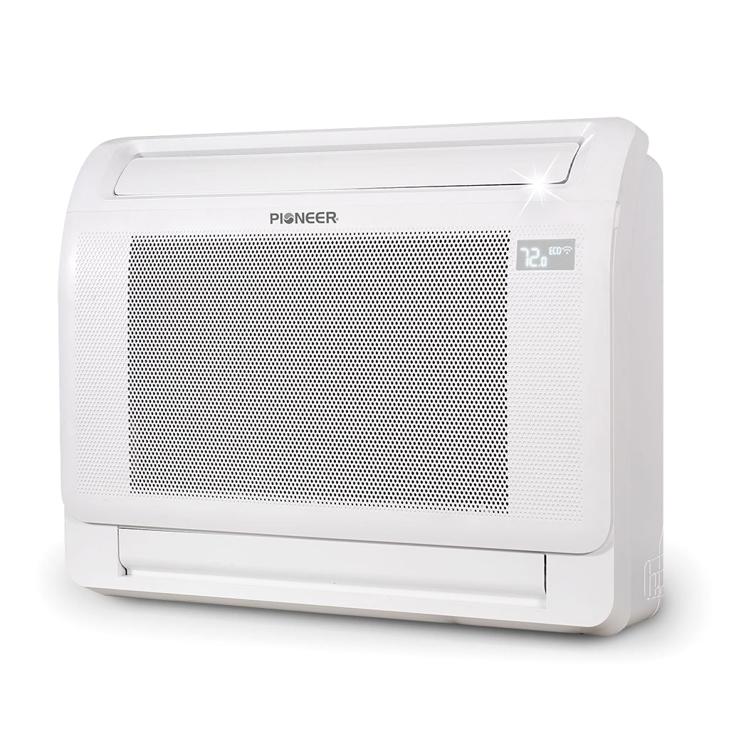 White ductless mini-split indoor console air conditioner with mesh front grille