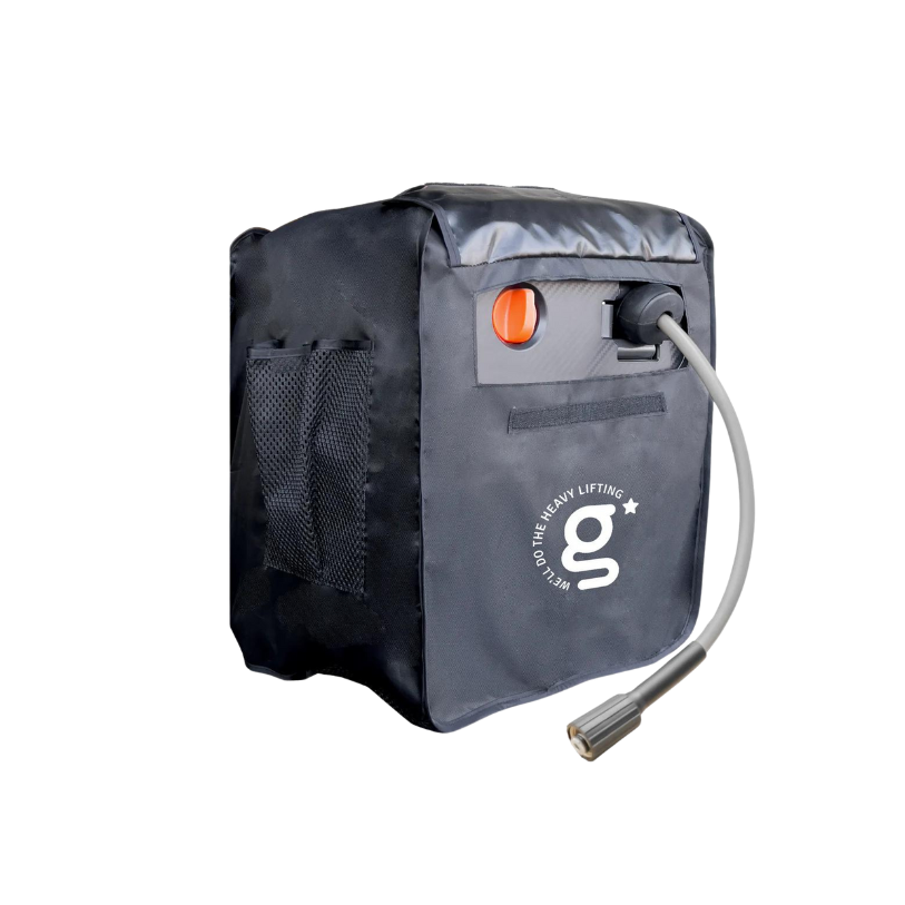 Pressure washer cover in dark fabric with carry handle, side mesh pocket, and front access panel.