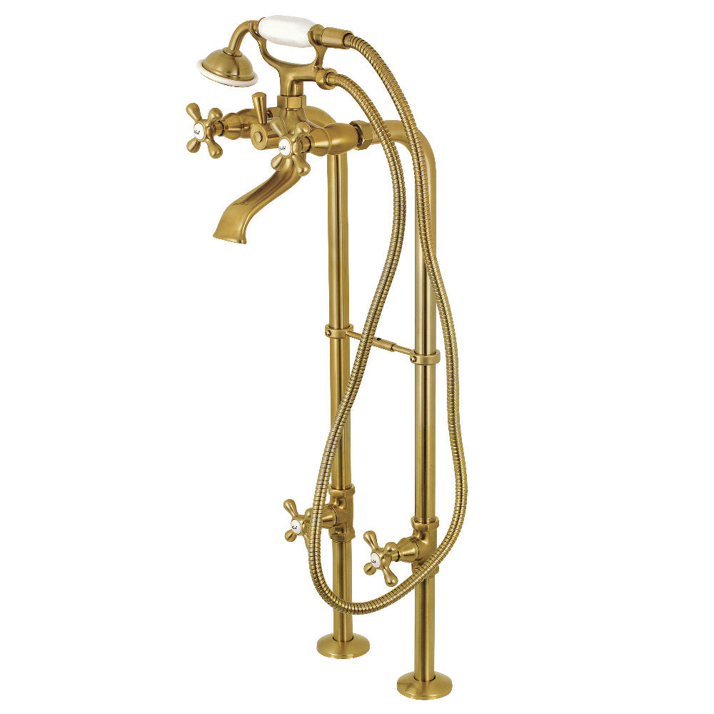 Freestanding tub faucet in brushed brass with lever handles and braided supply lines