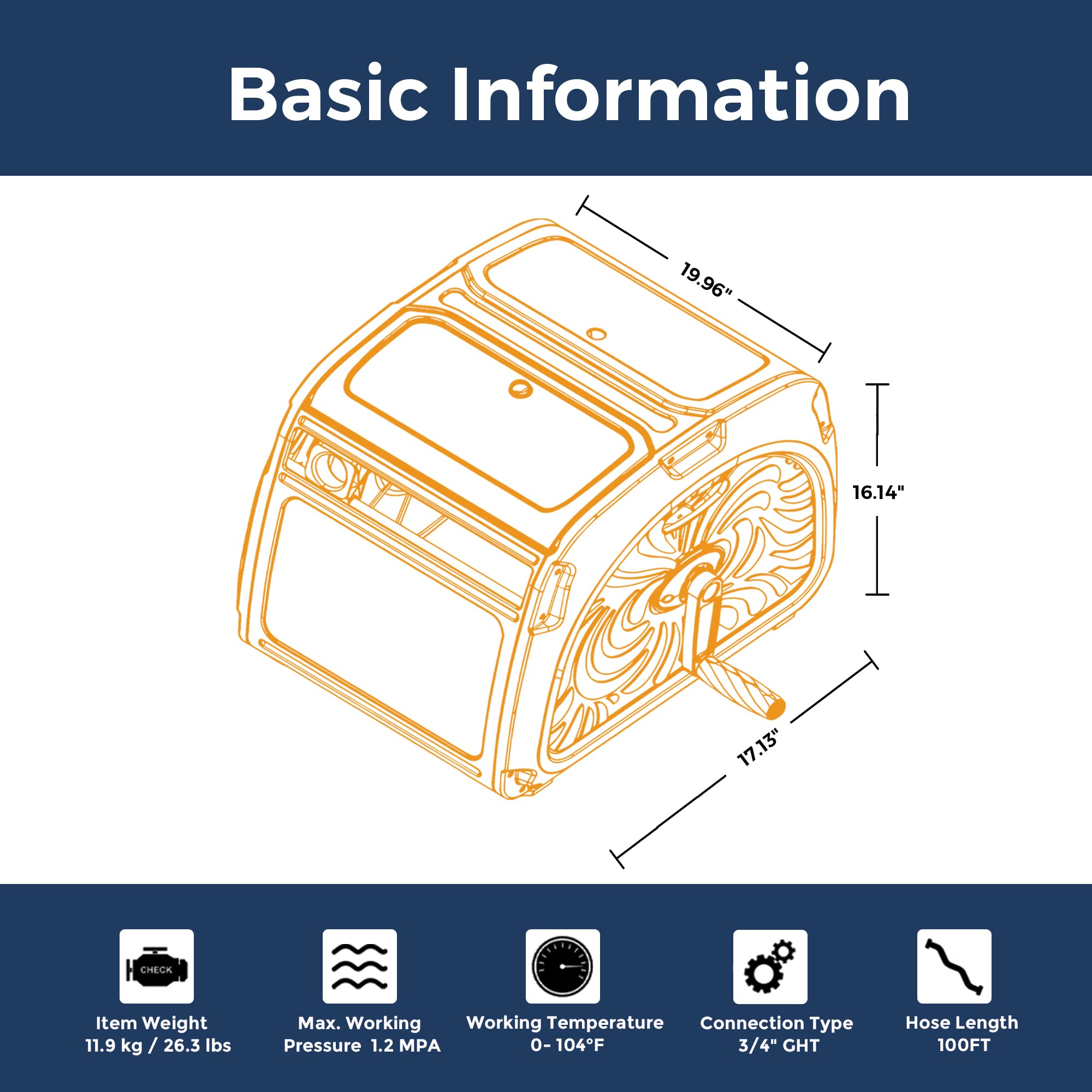Garden hose reel box technical line drawing with front cover and side hose outlet