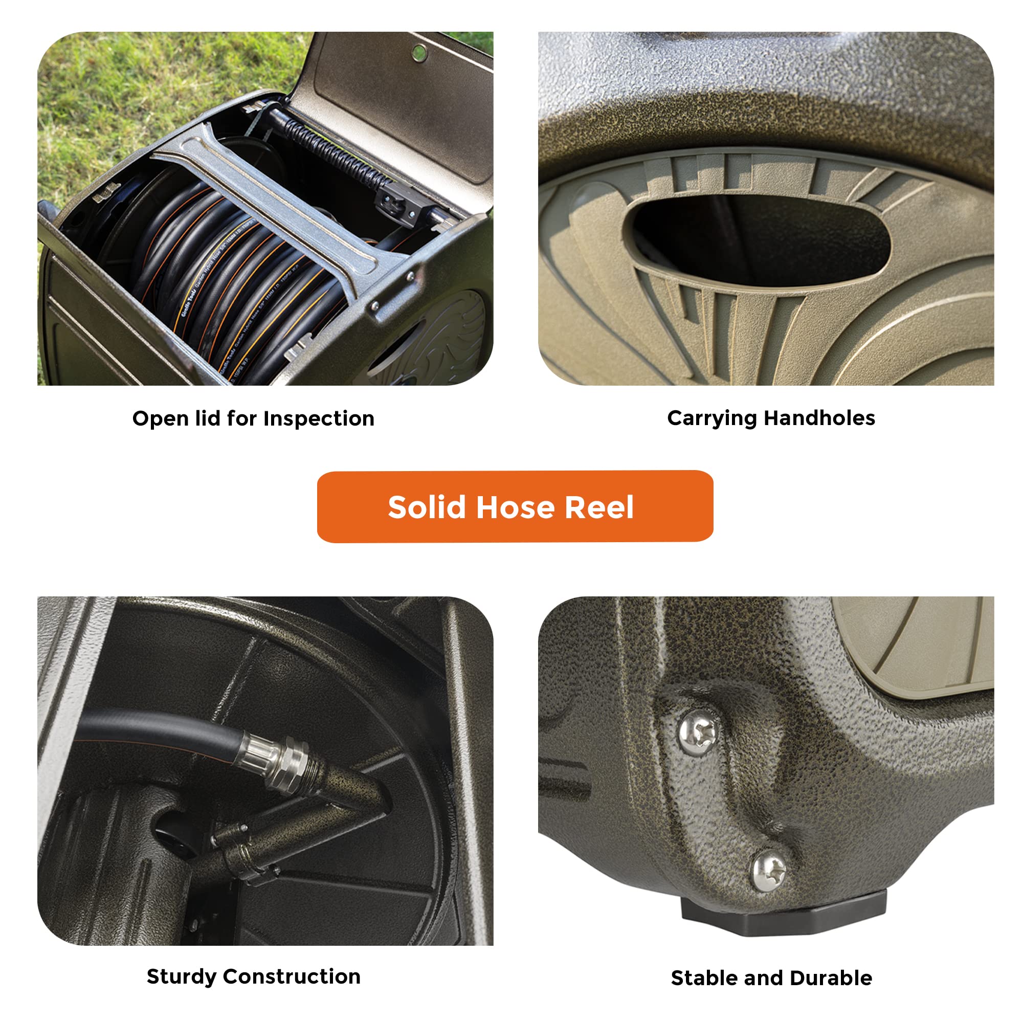Garden hose reel box details: open lid for inspection, carrying handholds, sturdy base