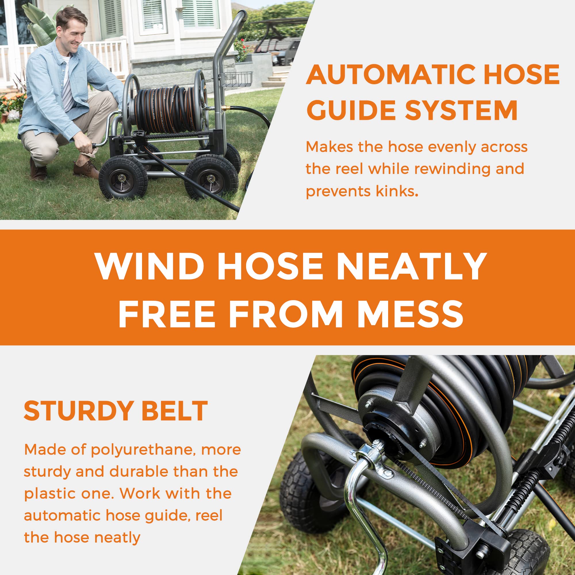 Hose reel cart with automatic hose guide system and sturdy belt design on four wheels