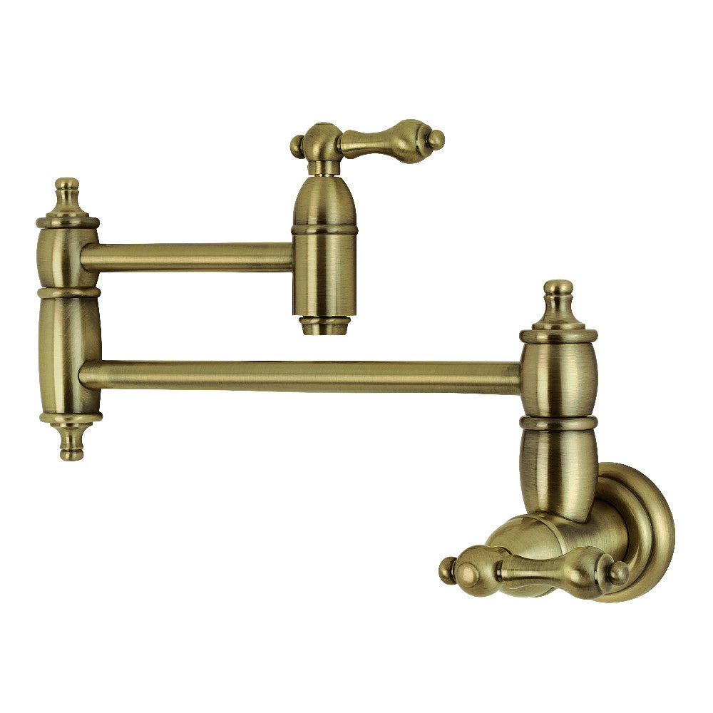 Antique brass wall-mount pot filler faucet, two handles and curved spout