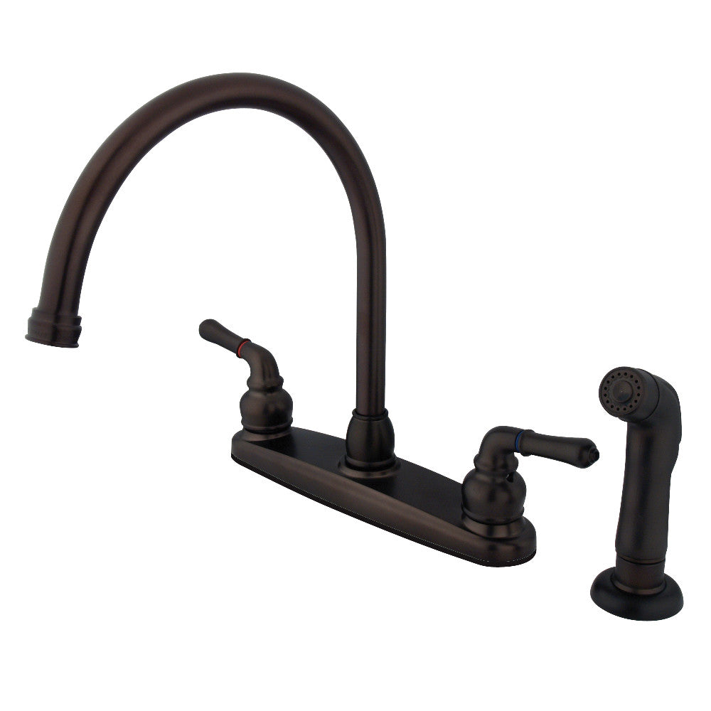 Oil rubbed bronze double-handle kitchen faucet with side sprayer and arched spout