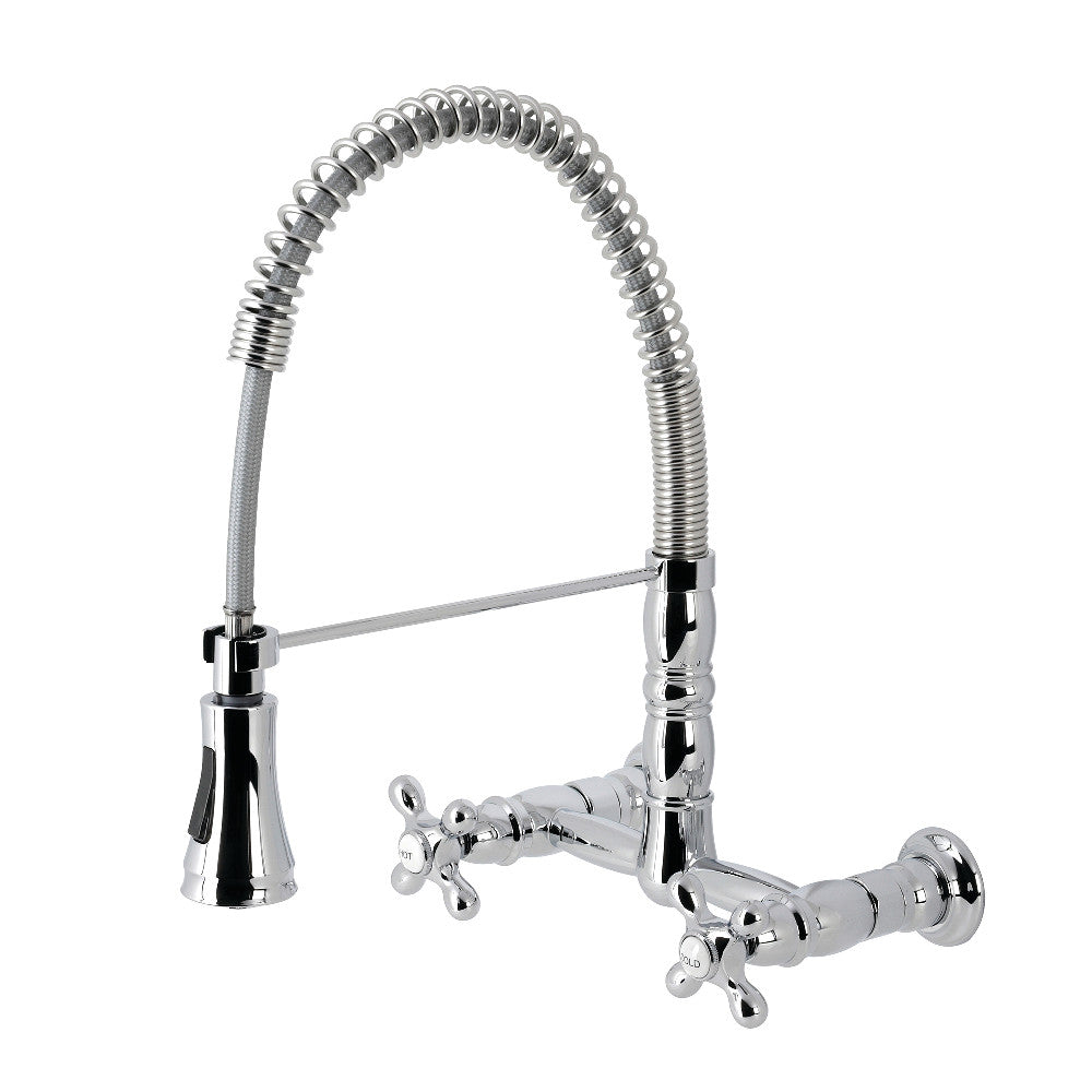 Polished chrome wall-mount kitchen pre-rinse bridge faucet with two cross handles