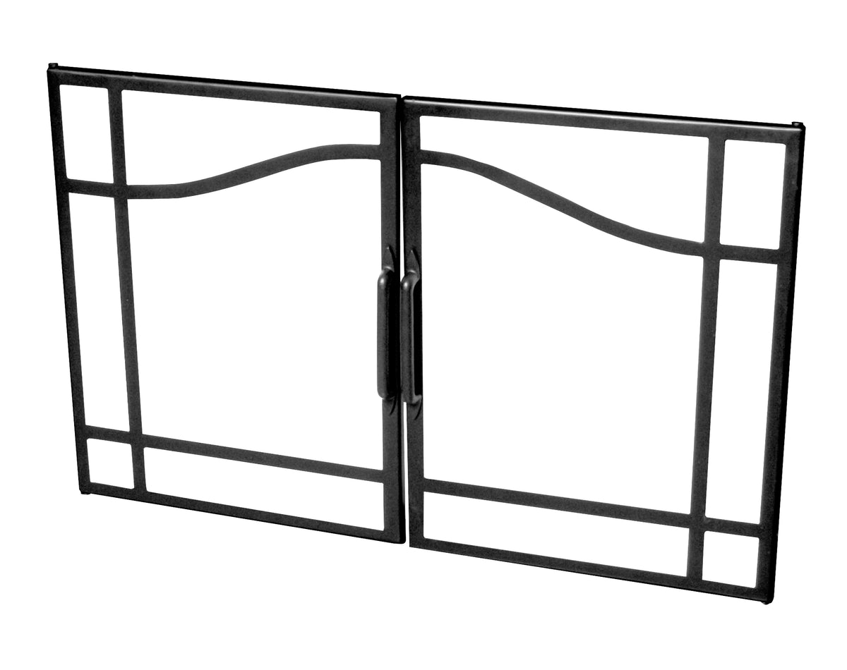 Black glass swing doors with clear panels and center hinge handle