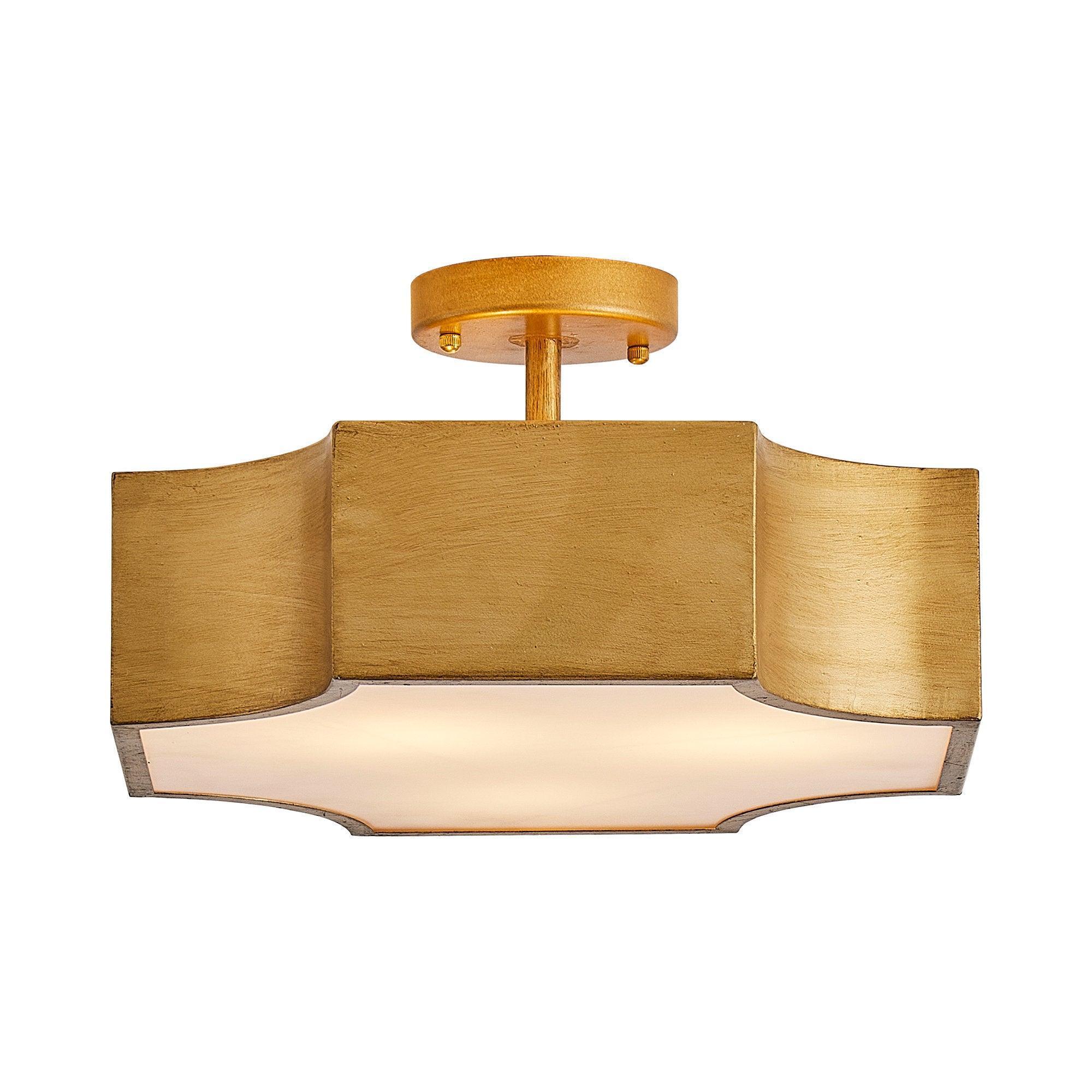 3-light semi-flush mount ceiling light with brushed gold frame and white acrylic diffuser