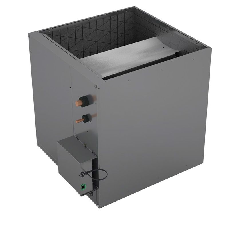 HVAC metal evaporator coil housing with electrical ports and service access panel