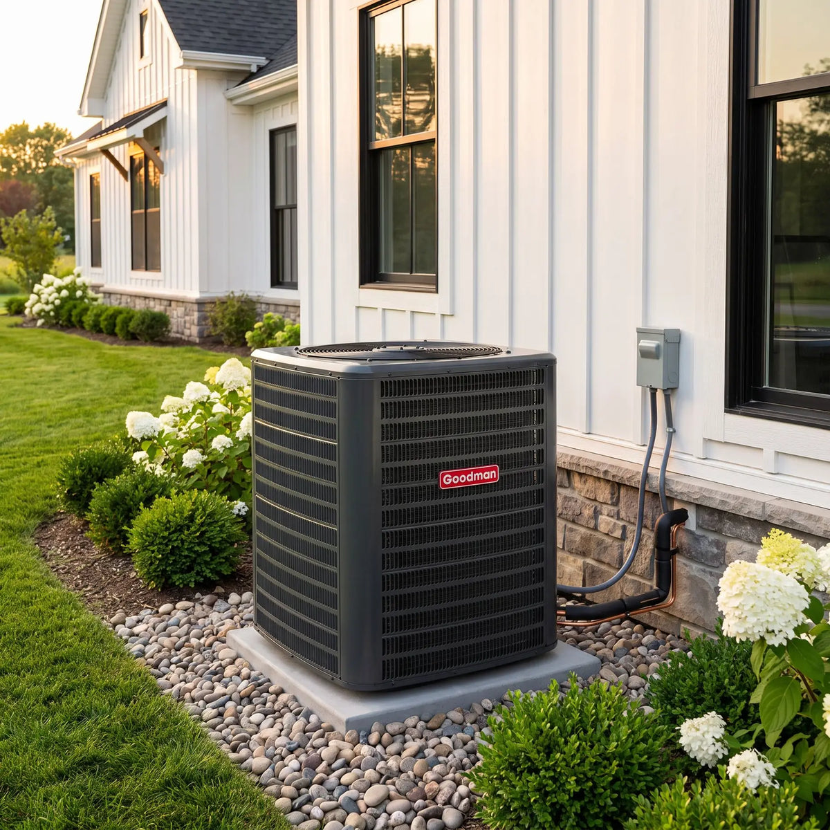 Goodman GLXS4B 4-ton split air conditioner condenser installed on a concrete pad beside a modern farmhouse