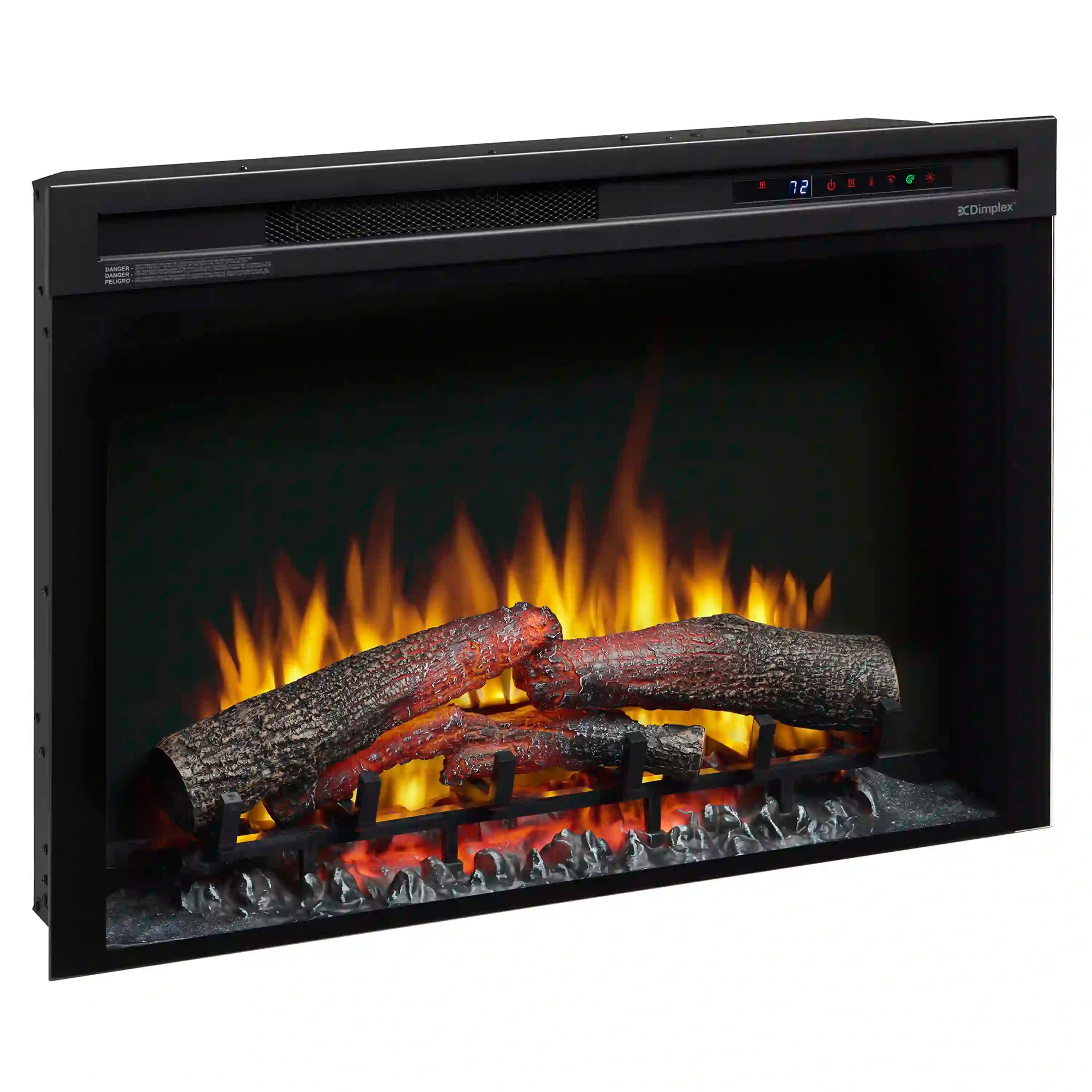 Black plug-in electric firebox with logs, ember bed, and orange flame background effect