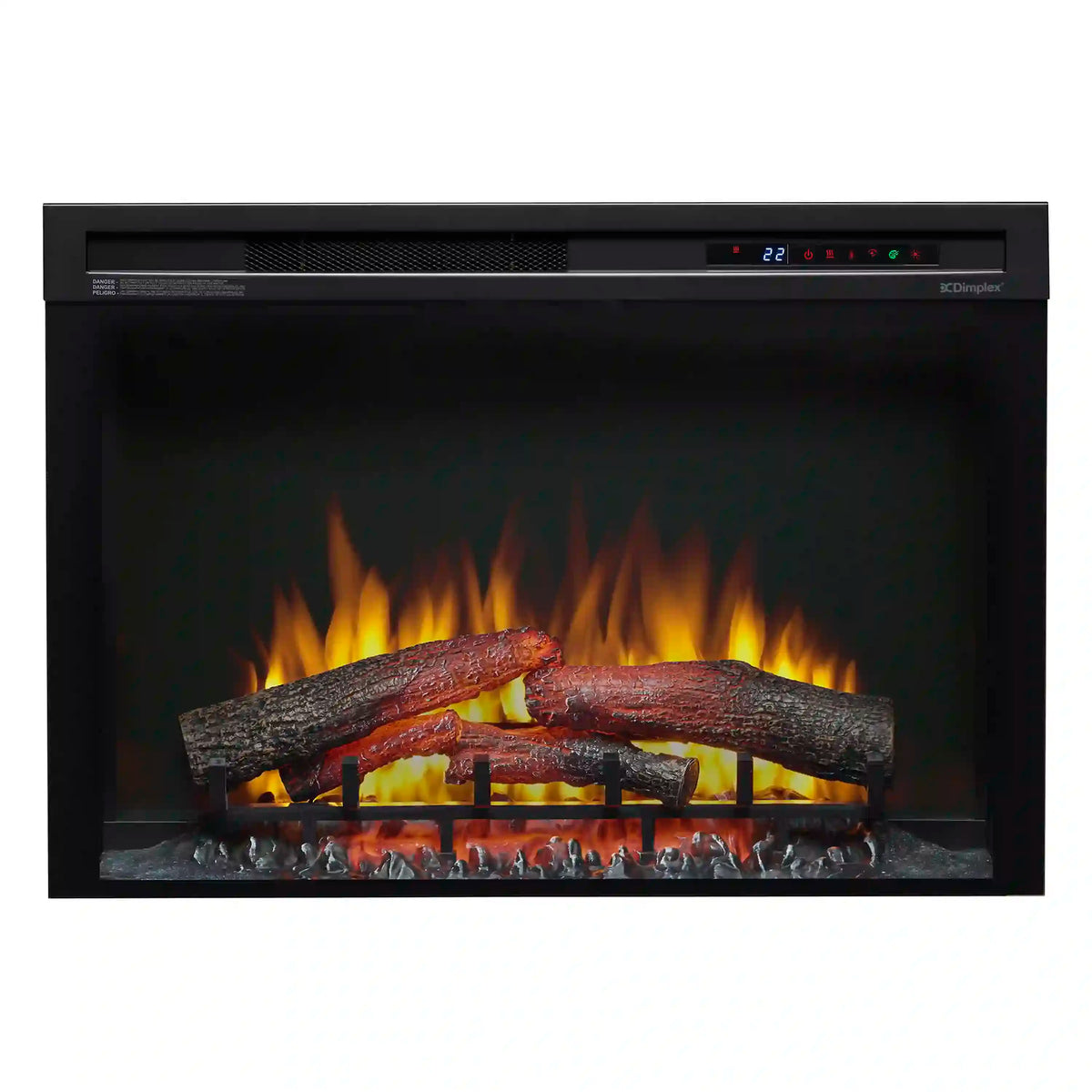Black electric firebox with glowing log set and flame effect behind a glass front