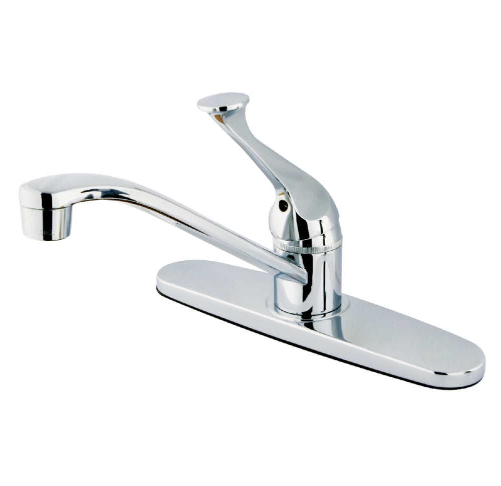 Polished chrome centerset kitchen faucet with single lever handle and arched spout