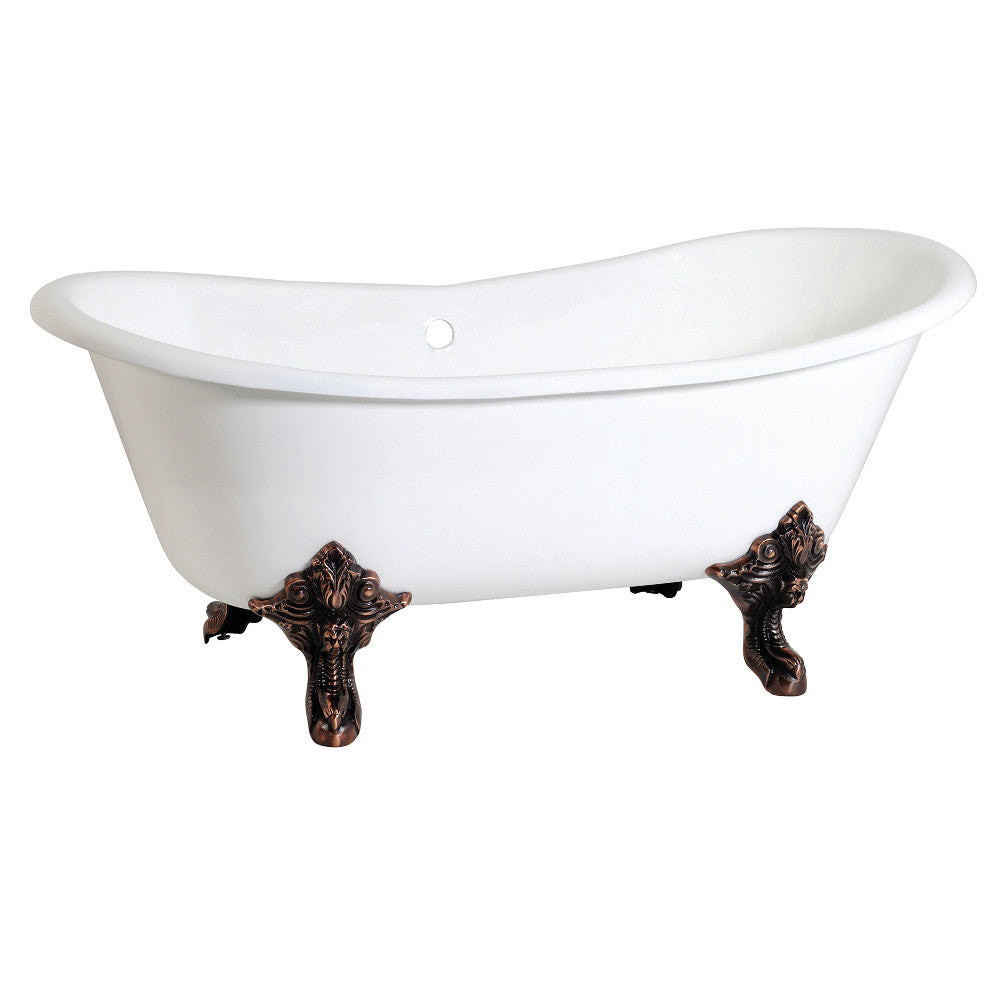 White oval cast iron clawfoot tub with dark bronze feet and center drain