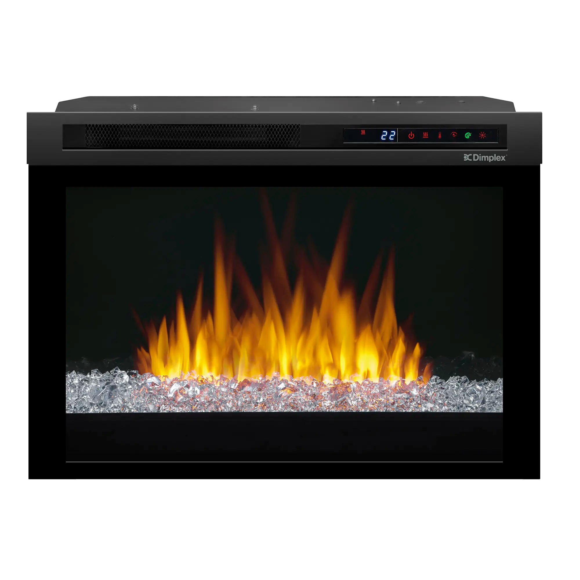 Black electric firebox with acrylic ember bed and bright flame effect, front view