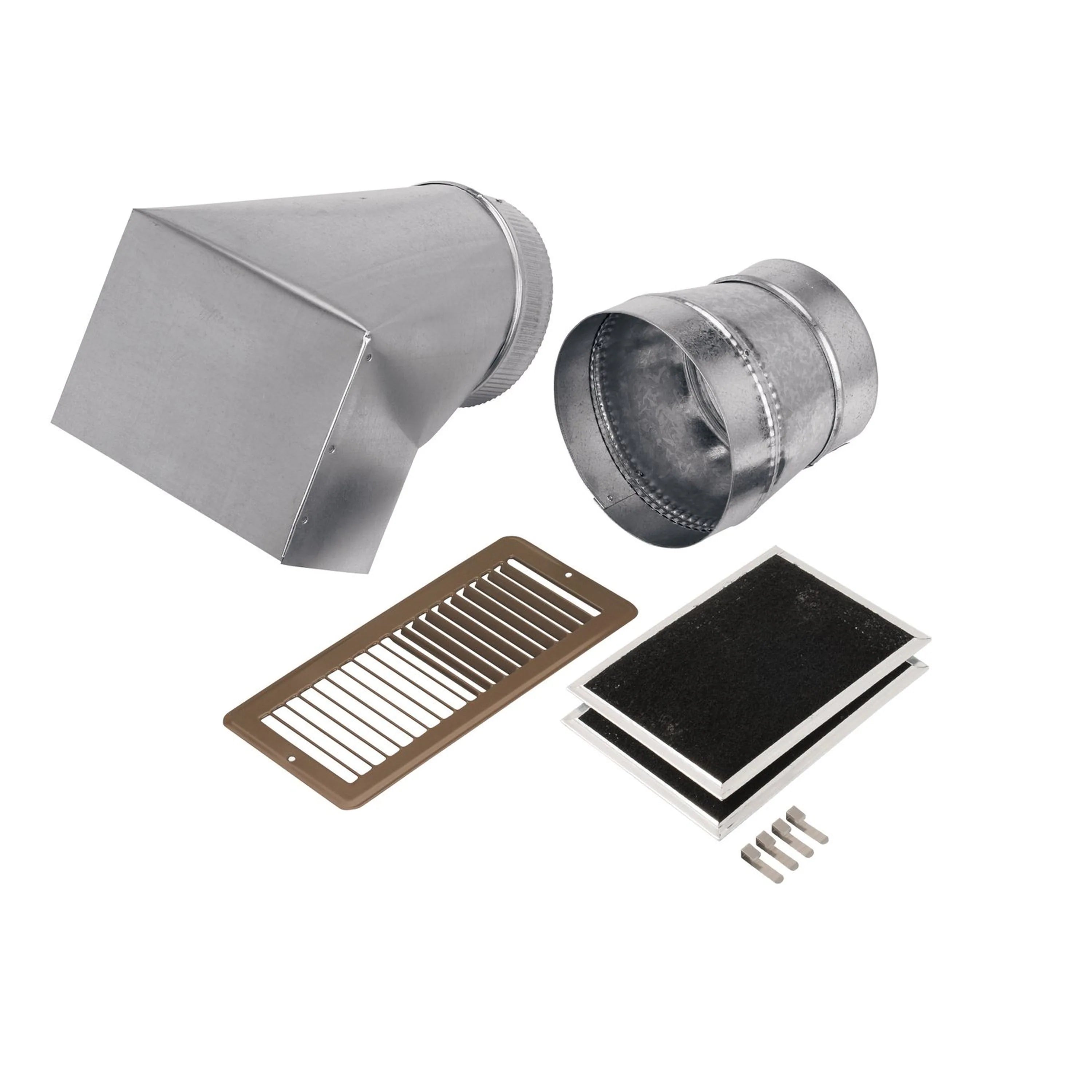 Broan-NuTone non-duct kit parts: duct adapter, vent cover, filter plate, screws