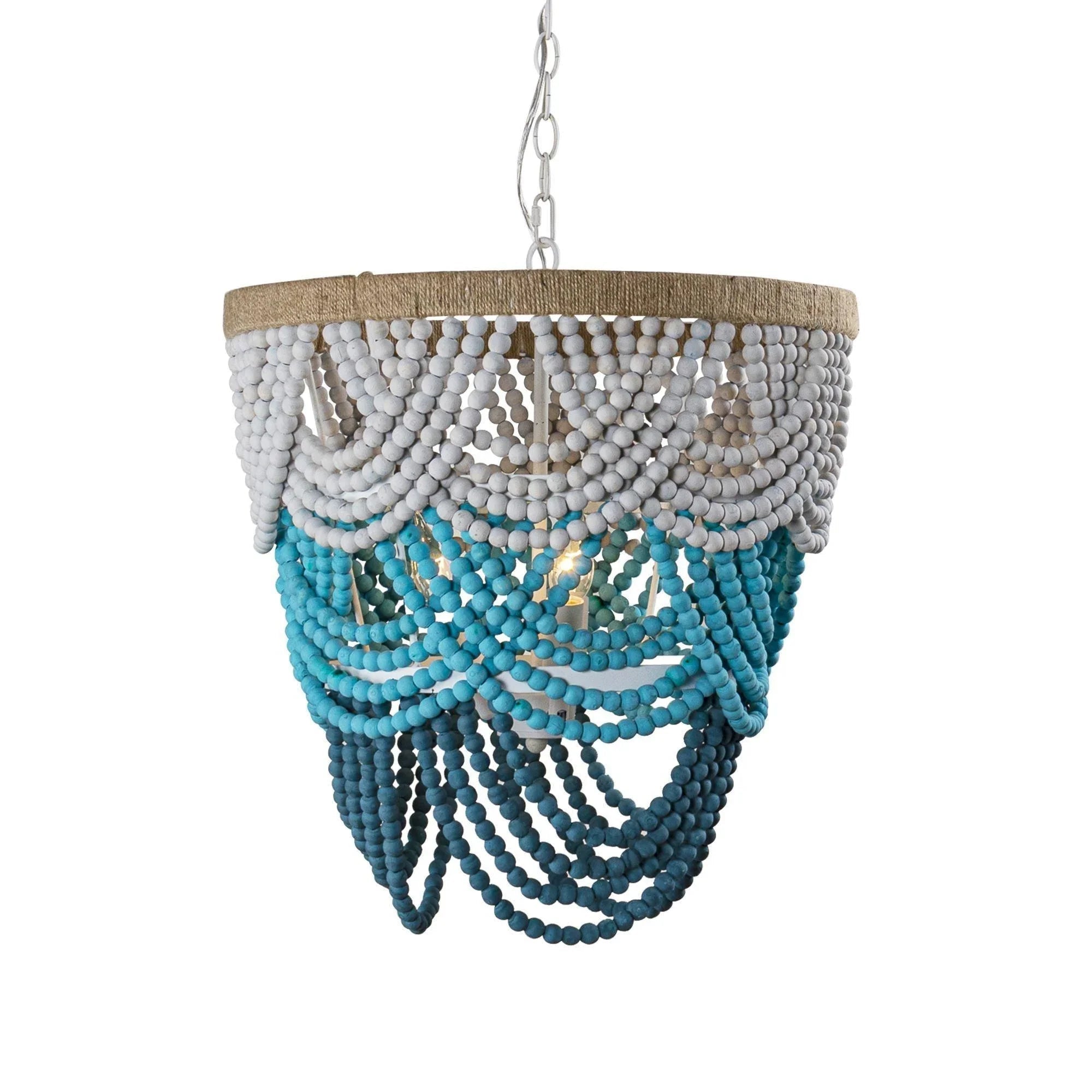 Beaded bohemia-style chandelier with turquoise and white bead strands and beige top ring