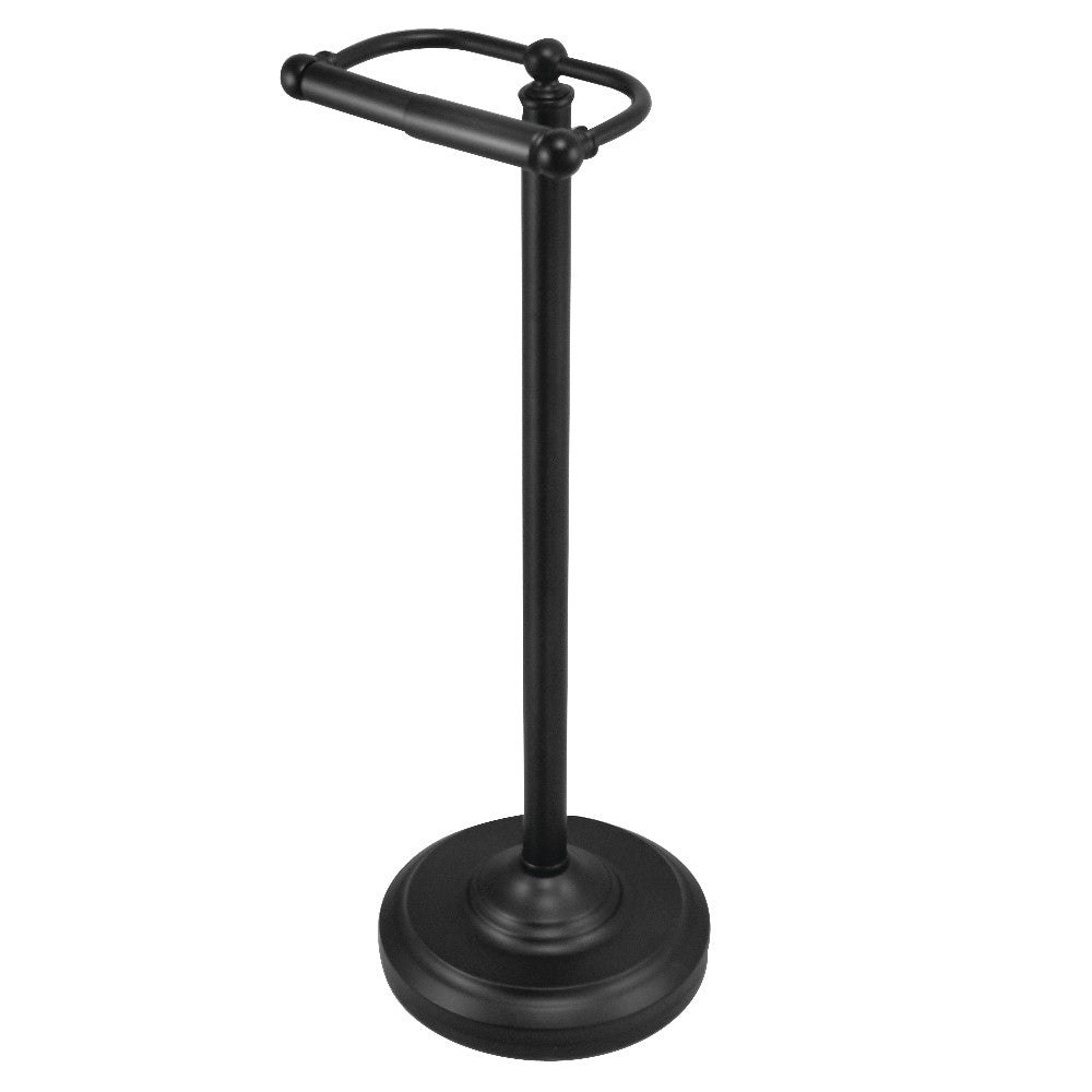 Freestanding toilet paper holder in matte black with round base and double roller arm