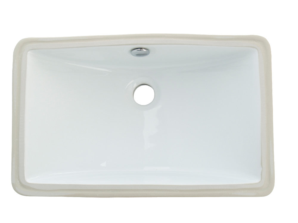 White rectangular ceramic undermount bathroom sink with overflow hole and drain opening
