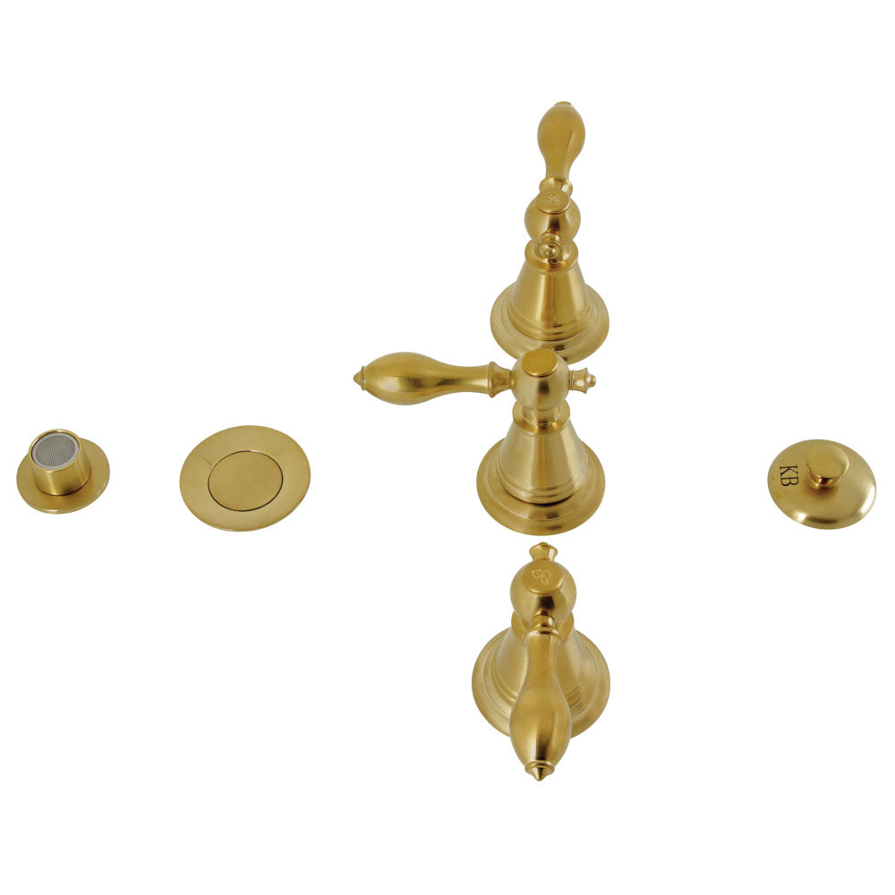 Brushed brass three-handle Victorian bidet faucet with pop-up drain and handles