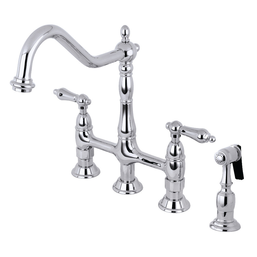 Polished chrome bridge kitchen faucet with side sprayer and cross handles