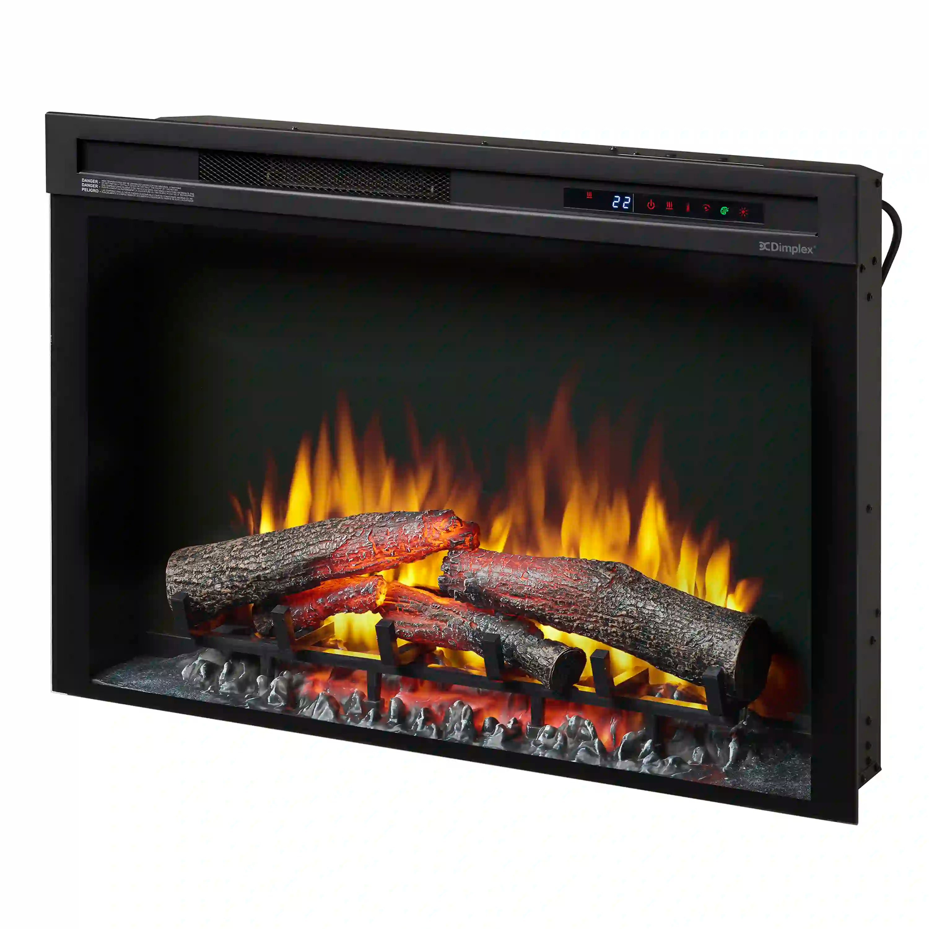 Black electric firebox with log set and ember base, flames visible through the glass