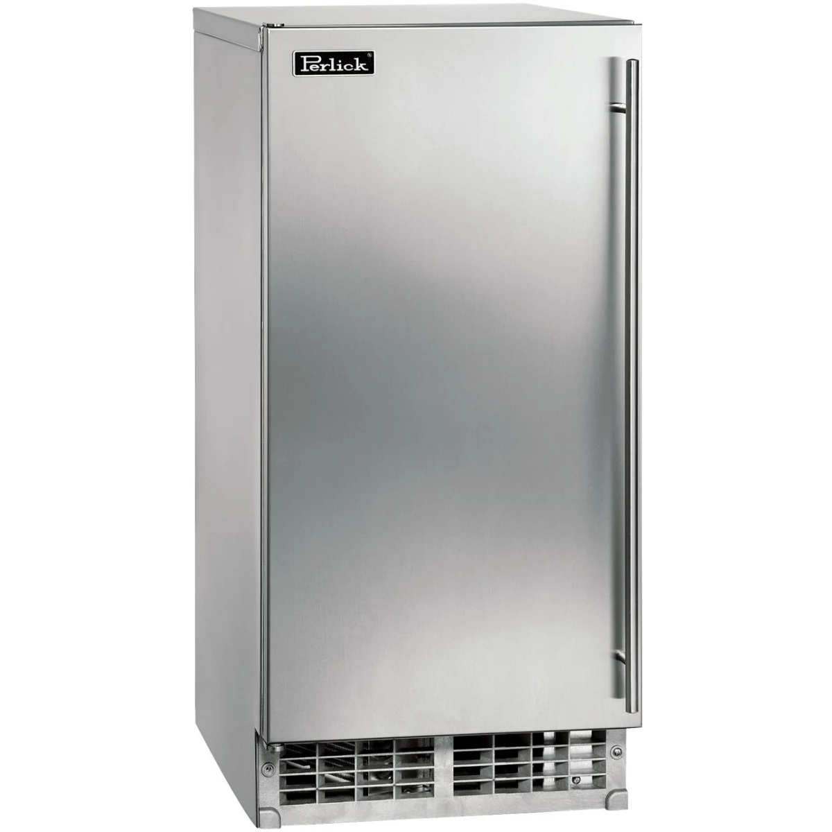 Stainless steel cubelet ice maker with left-hinged door, Perlick logo
