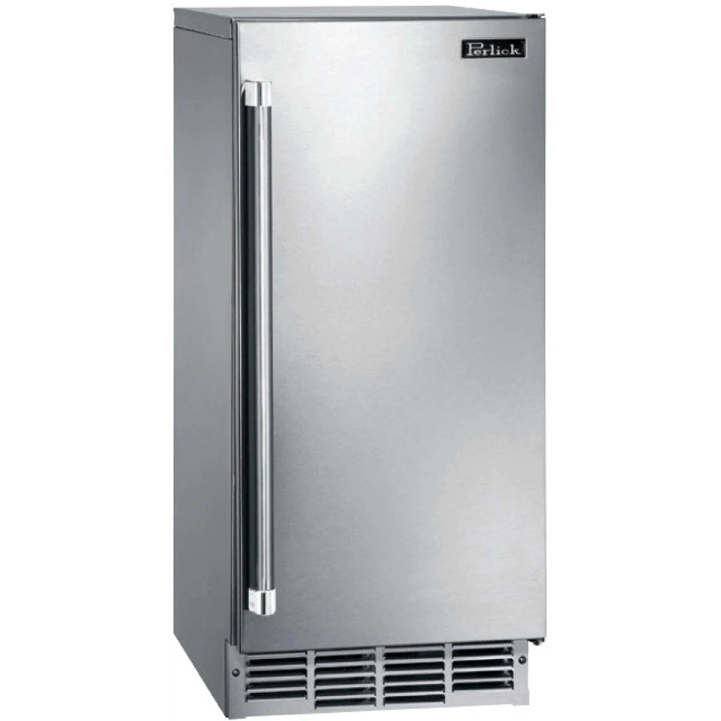 Stainless steel cubelet ice maker with top-mounted door handle and Perlick logo