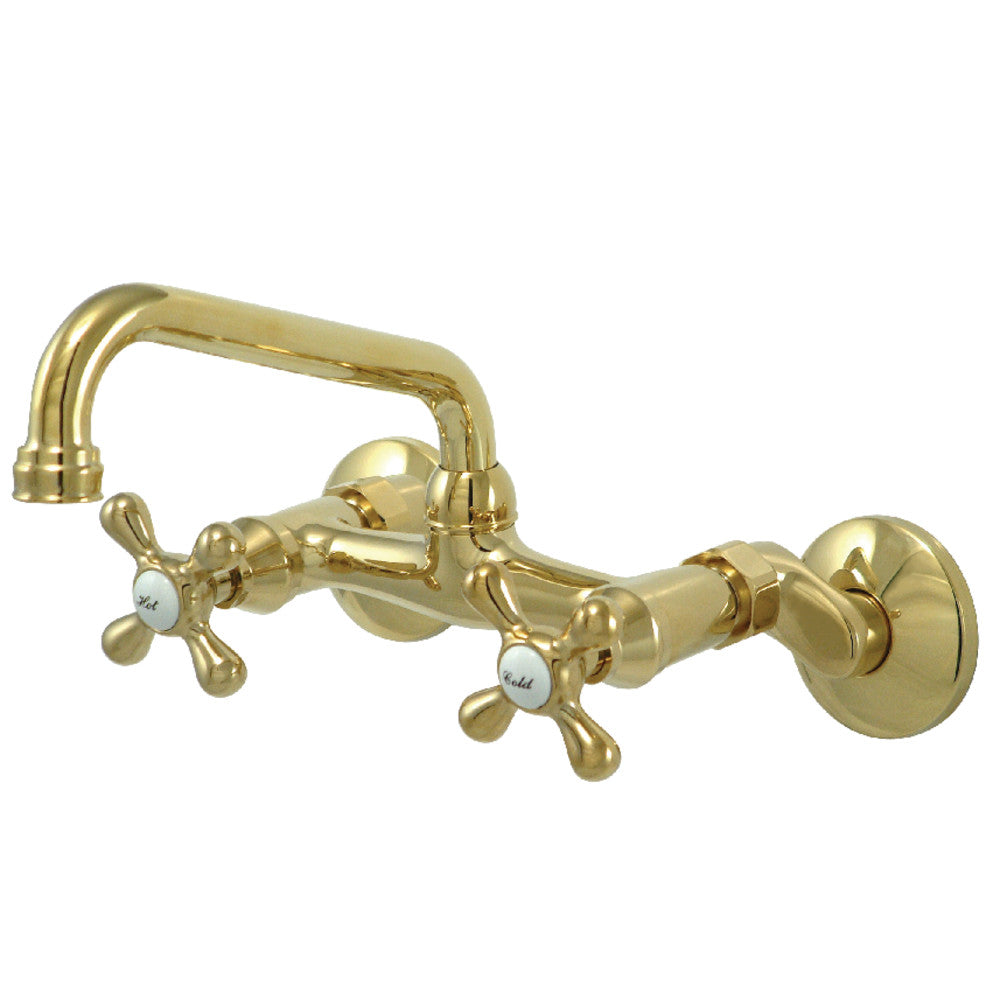Polished brass bridge kitchen faucet with double cross handles and wall-mount base