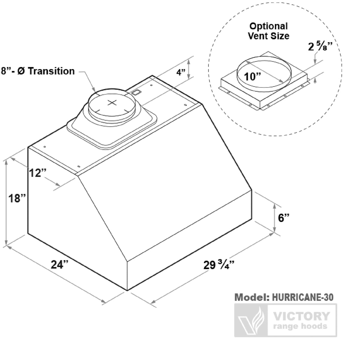 Under-cabinet range hood size diagram with transition and optional vent size