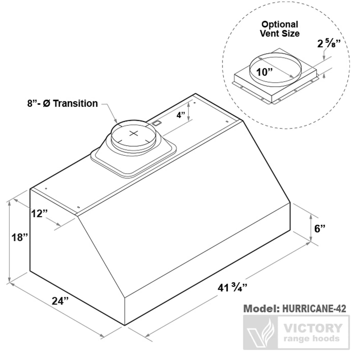 Stainless under-cabinet range hood size diagram with duct transition and vent details