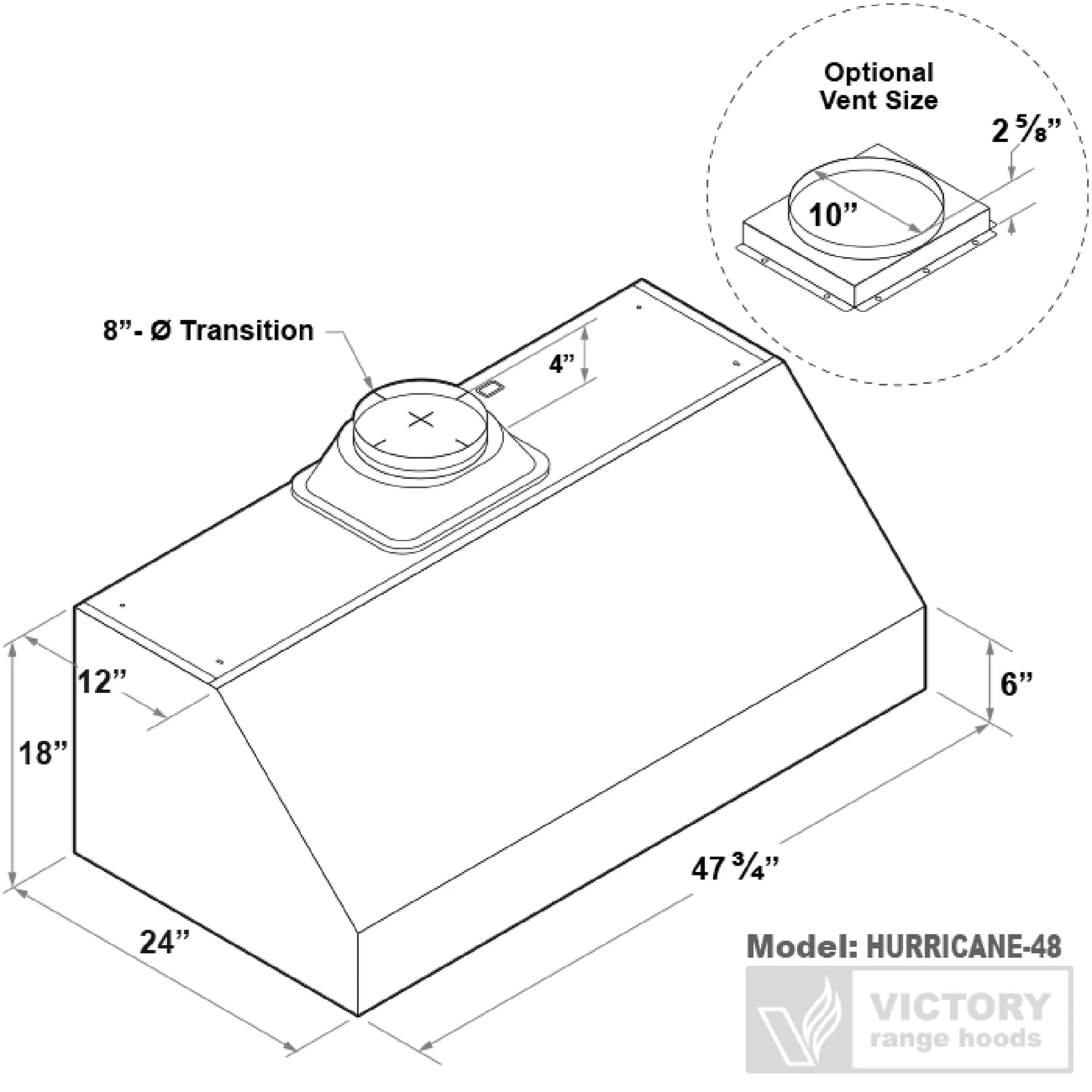 Stainless range hood size diagram with circular vent opening and optional vent