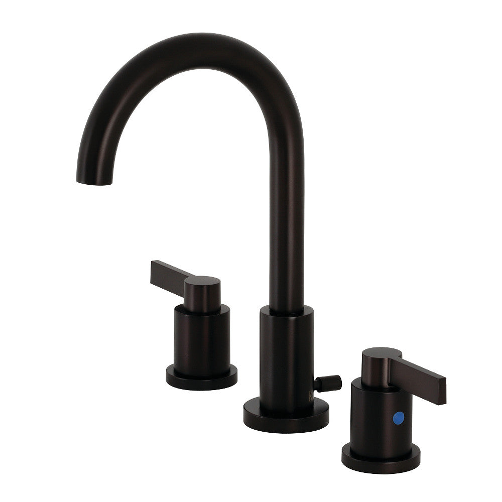 Oil rubbed bronze widespread bathroom faucet with arched spout and two lever handles