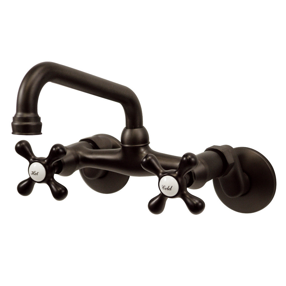 Oil-rubbed bronze wall-mount bridge kitchen faucet with double cross handles and curved spout