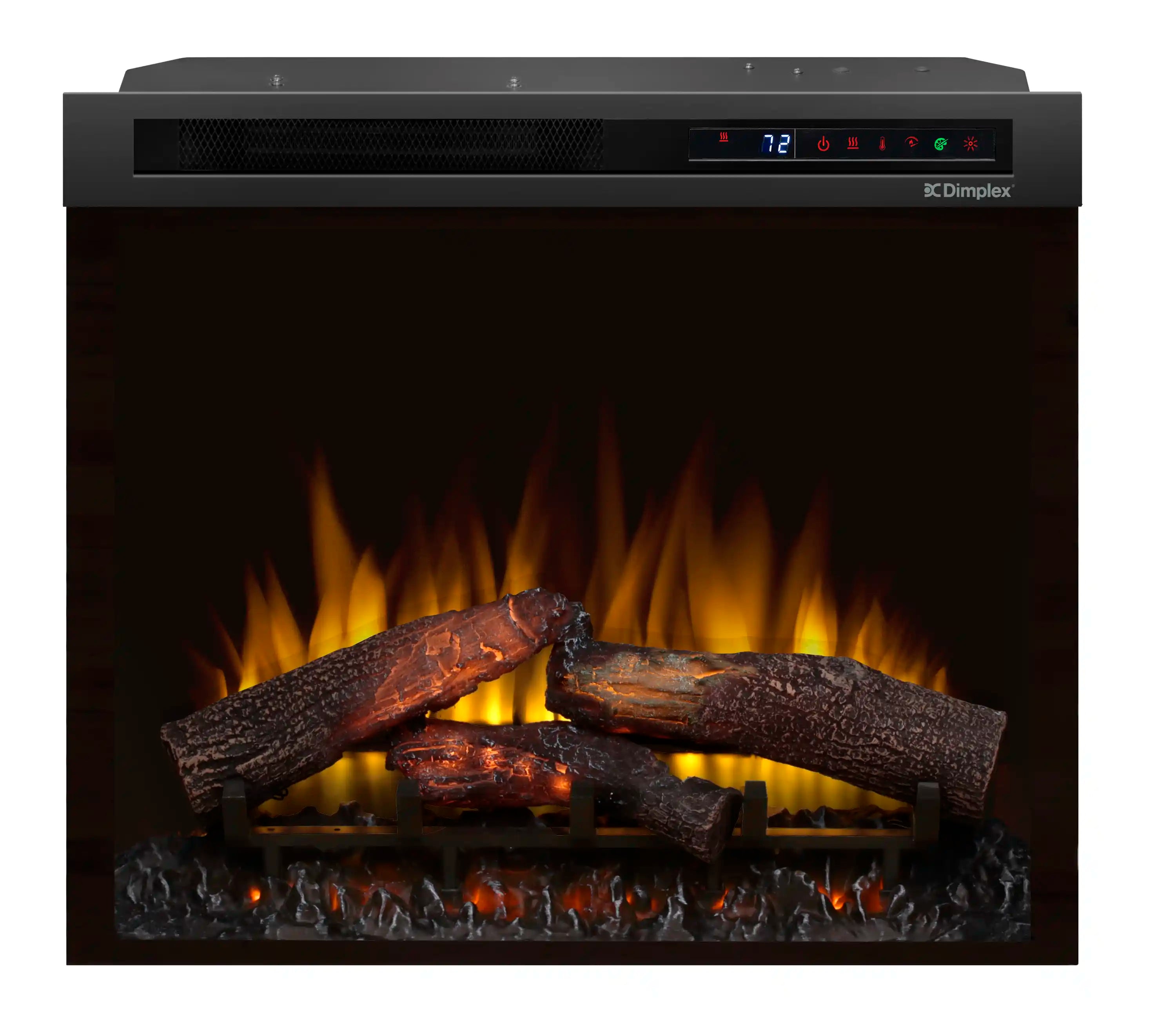 Dimplex electric firebox front view with glowing logs, flames, and ember bed