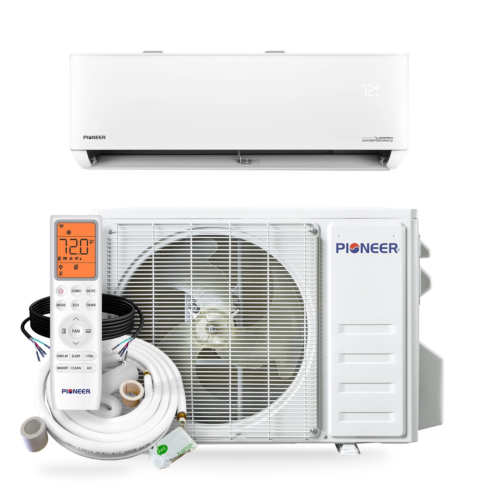 Ductless mini-split AC system with indoor unit, outdoor unit, and controller