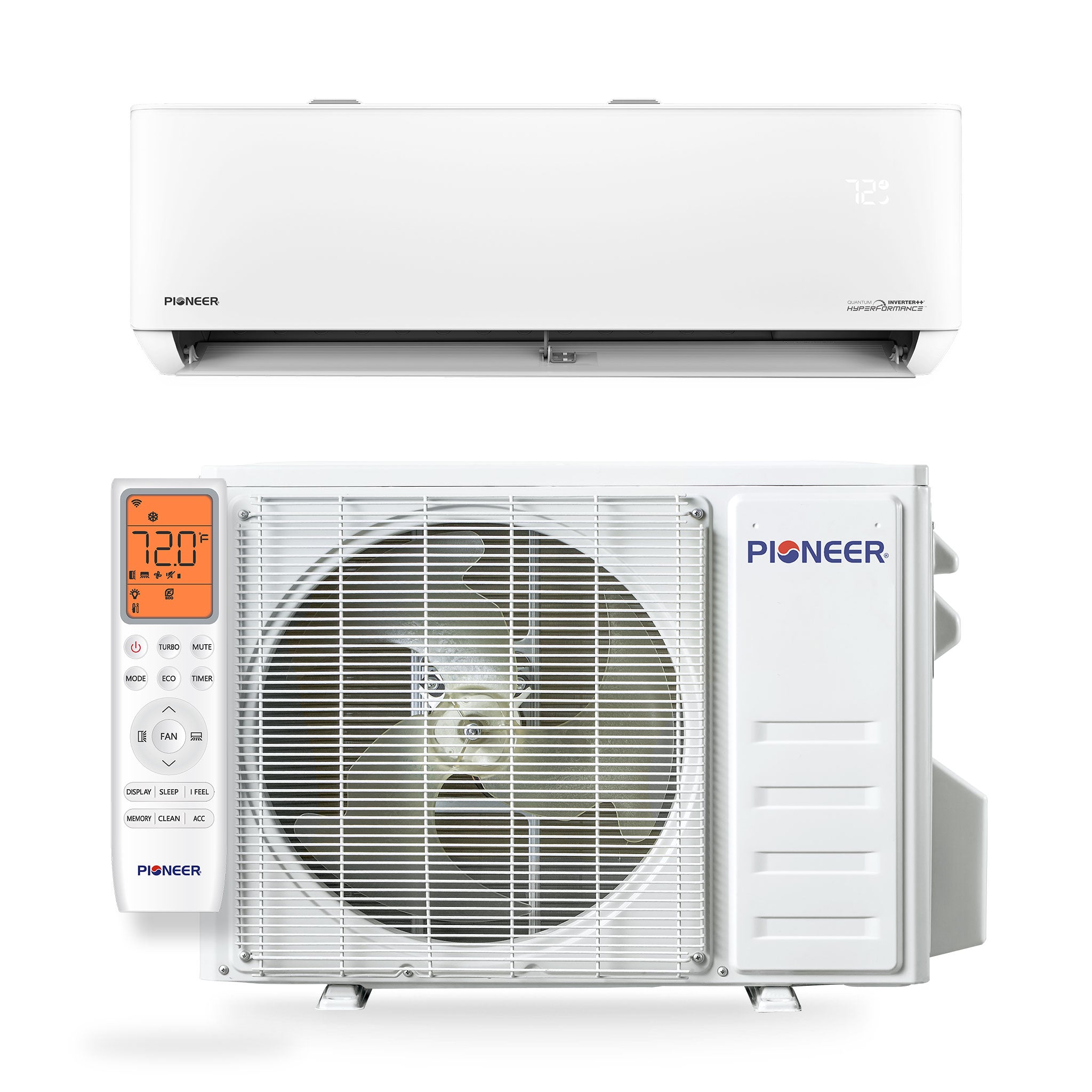 Ductless mini-split AC system with indoor unit, outdoor unit, and remote