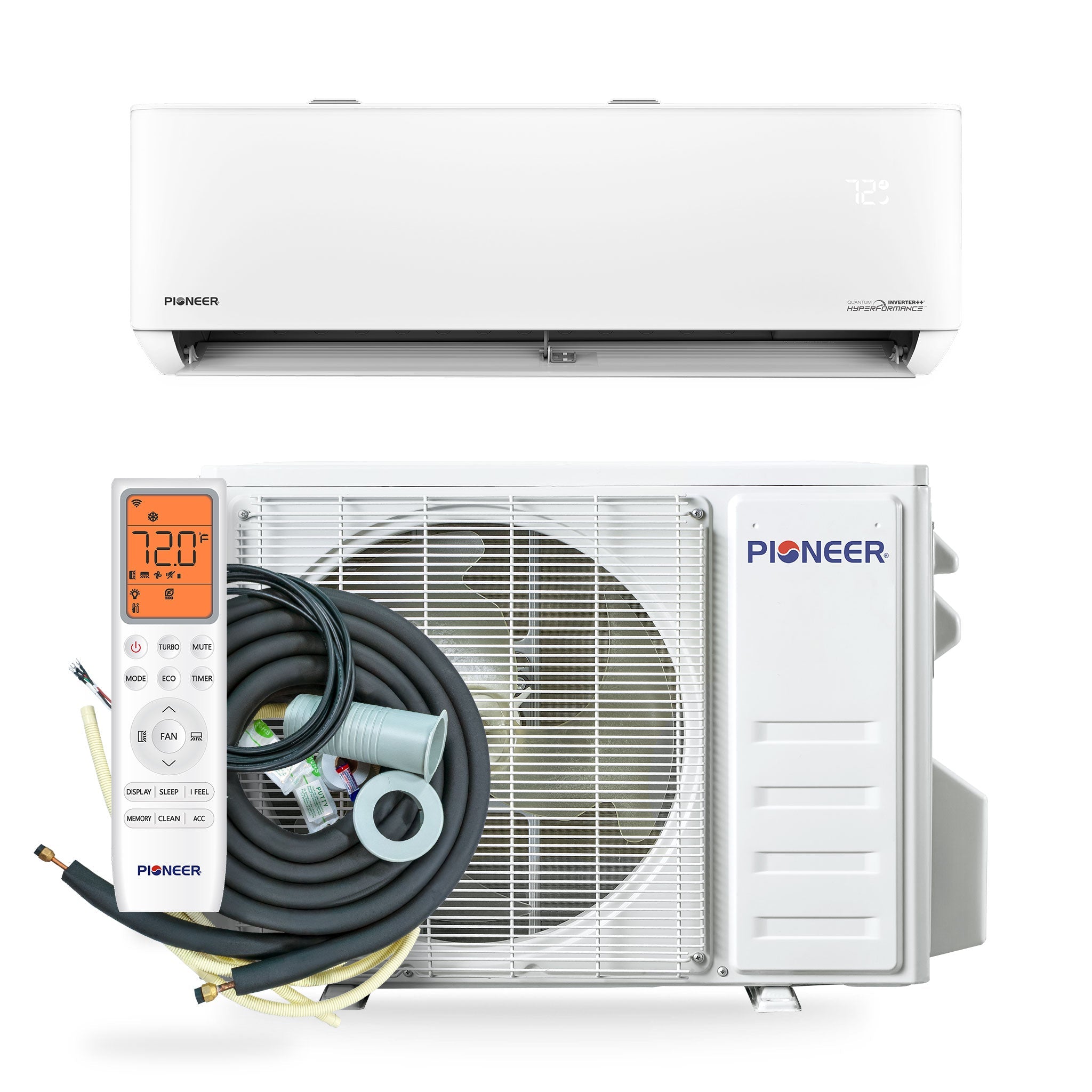 White Pioneer ductless mini-split air conditioner set with outdoor condenser and coiled lines