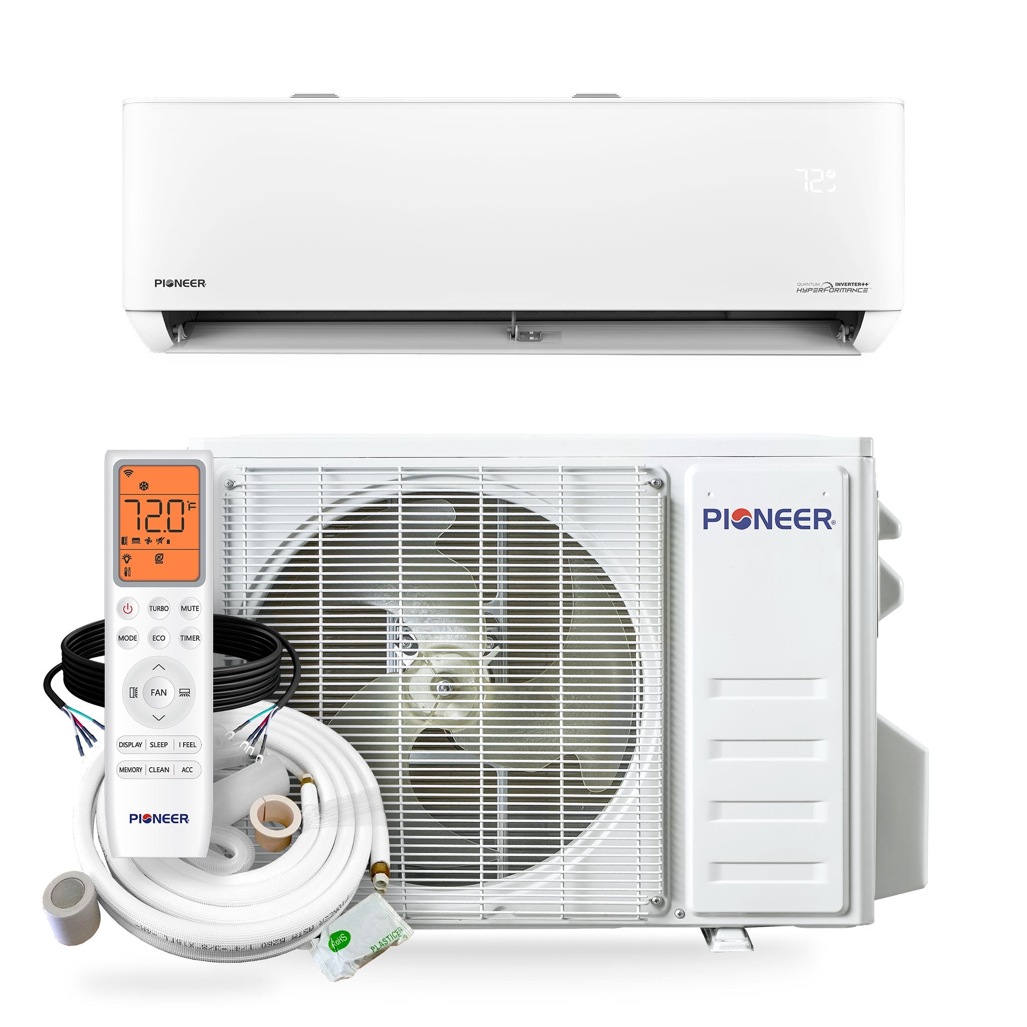 Ductless mini-split indoor unit, outdoor unit, remote, and insulated tubing kit