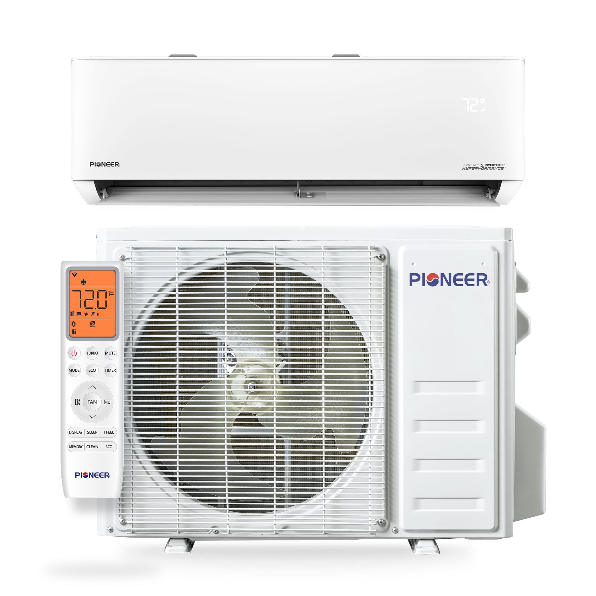 White Pioneer ductless mini-split air conditioner set with outdoor fan grille and remote