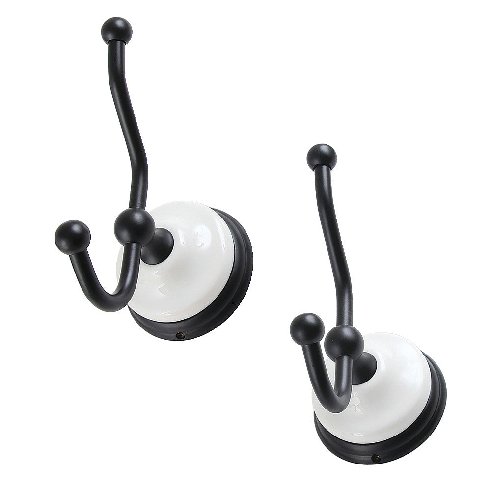 Victorian robe hook set with two matte black hooks and white backplates