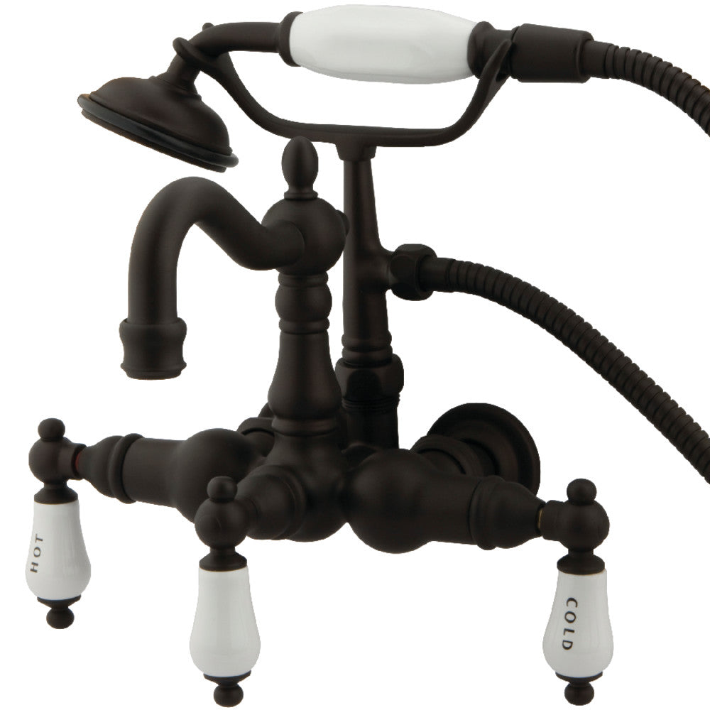 Oil rubbed bronze wall-mount tub faucet with two handles and handheld shower with hose