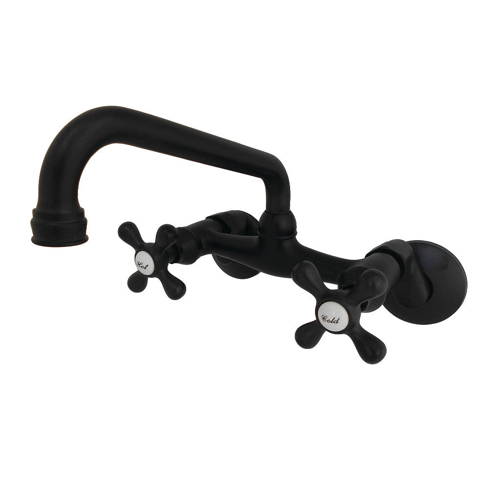 Matte black wall-mount bridge kitchen faucet with two cross handles and arched spout
