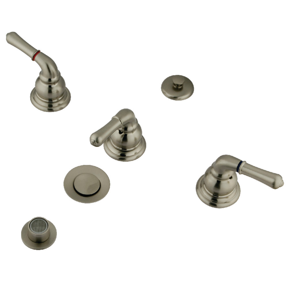 Brushed nickel three-handle bidet faucet set with pop-up drain and control handles